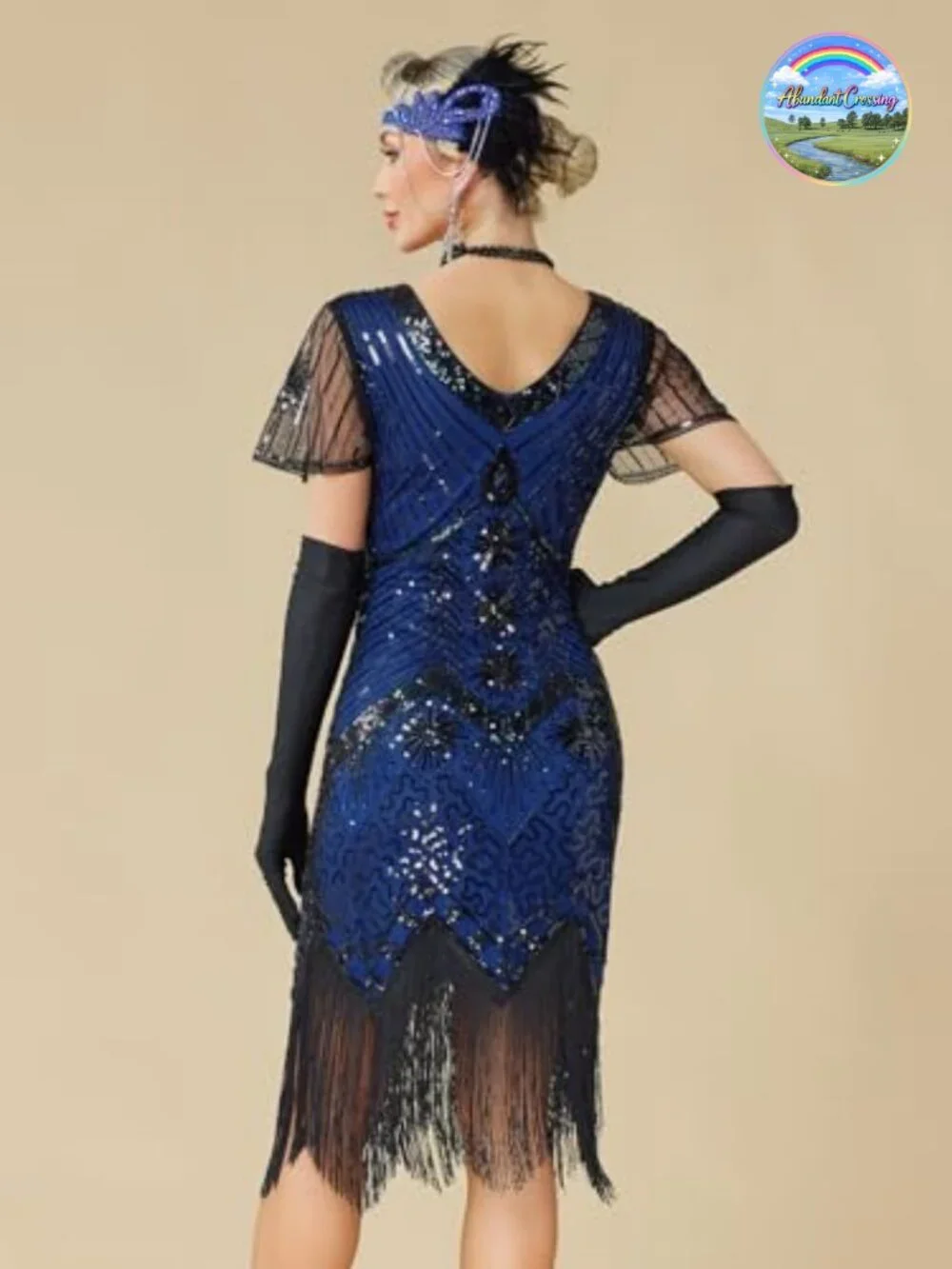 1920s Flapper Dress Sequin Beaded Mesh Sleeve V-Neck Gatsby Costume Set